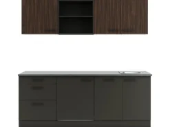 Optifit Kühlschränke|Winkelküchen<Rimini409/Madrid420 Küchenzeile 210 cm Rillendekor Nussbaum/ Anthrazit