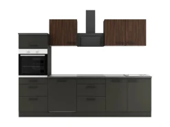 Optifit Kochfelder|Kühlschränke<Rimini409/Madrid420 Küchenzeile 270 cm Rillendekor Nussbaum/ Anthrazit