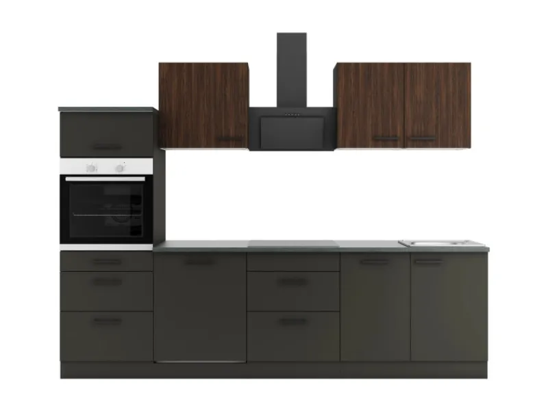 Optifit Kochfelder|Kühlschränke<Rimini409/Madrid420 Küchenzeile 270 cm Rillendekor Nussbaum/ Anthrazit