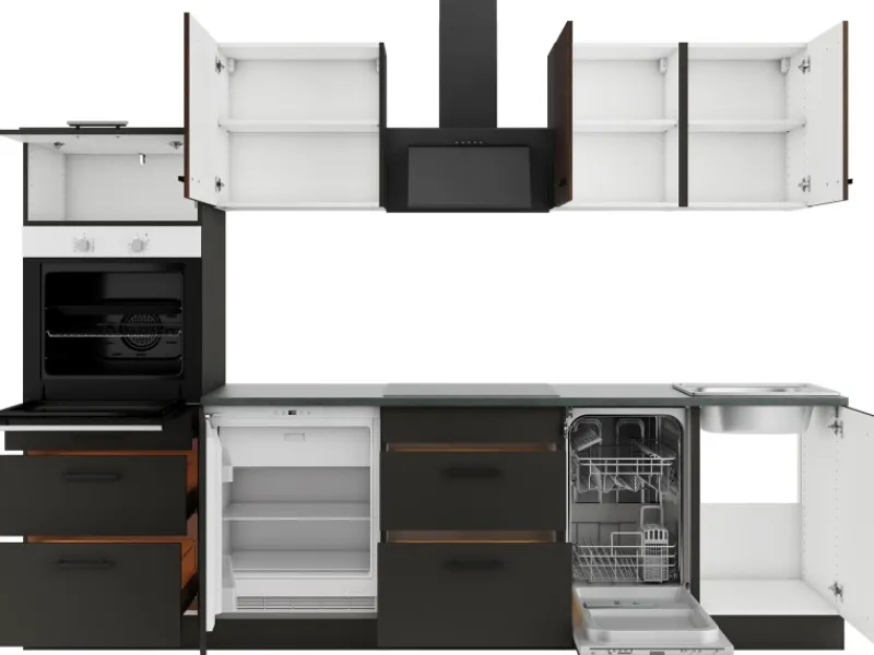 Optifit Kochfelder|Kühlschränke<Rimini409/Madrid420 Küchenzeile 270 cm Rillendekor Nussbaum/ Anthrazit