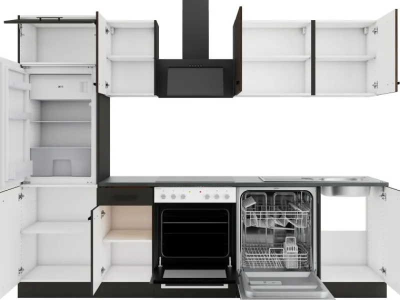 Hot Optifit Rimini409/Madrid420 Küchenzeile 270 cm Rillendekor Nussbaum/ Anthrazit