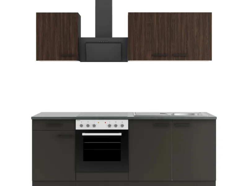 Optifit Rimini409/Madrid420 Küchenzeile 210 cm Rillendekor Nussbaum/ Anthrazit< Herde|Kochfelder