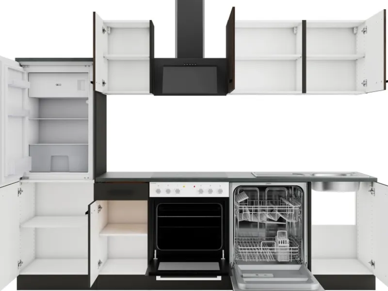 Optifit Rimini409/Madrid420 Küchenzeile 270 cm Rillendekor Nussbaum/ Anthrazit
