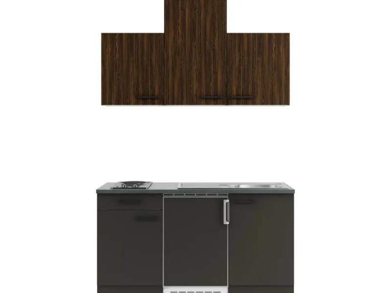 New Optifit Rimini409/Madrid420 Miniküche 150 cm Rillendekor Nussbaum/ Anthrazit