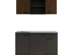 Optifit Miniküchen|Kühlschränke<Rimini409/Madrid420 Miniküche 150 cm Rillendekor Nussbaum/ Anthrazit