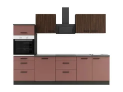 Optifit Rimini409/Nizza407 Küchenzeile 270 cm Rilllendekor Nussbaum / Rostrot< Kühlschränke|Winkelküchen