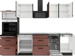 Optifit Rimini409/Nizza407 Küchenzeile 270 cm Rilllendekor Nussbaum / Rostrot< Kühlschränke|Winkelküchen
