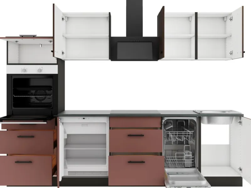 Optifit Rimini409/Nizza407 Küchenzeile 270 cm Rilllendekor Nussbaum / Rostrot< Kühlschränke|Winkelküchen