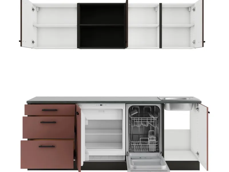 Optifit Kühlschränke|Winkelküchen<Rimini409/Nizza407 Küchenzeile 210 cm Rilllendekor Nussbaum / Rostrot