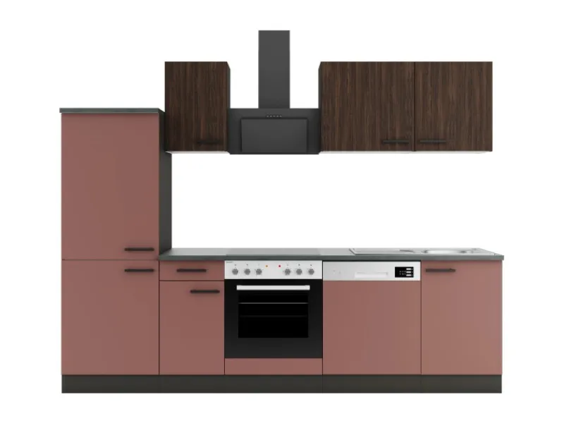 Optifit Rimini409/Nizza407 Küchenzeile 270 cm Rilllendekor Nussbaum / Rostrot