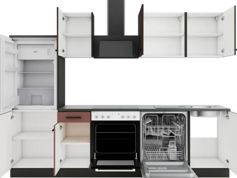 Optifit Rimini409/Nizza407 Küchenzeile 270 cm Rilllendekor Nussbaum / Rostrot