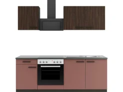 Optifit Winkelküchen<Rimini409/Nizza407 Küchenzeile 210 cm Rilllendekor Nussbaum / Rostrot