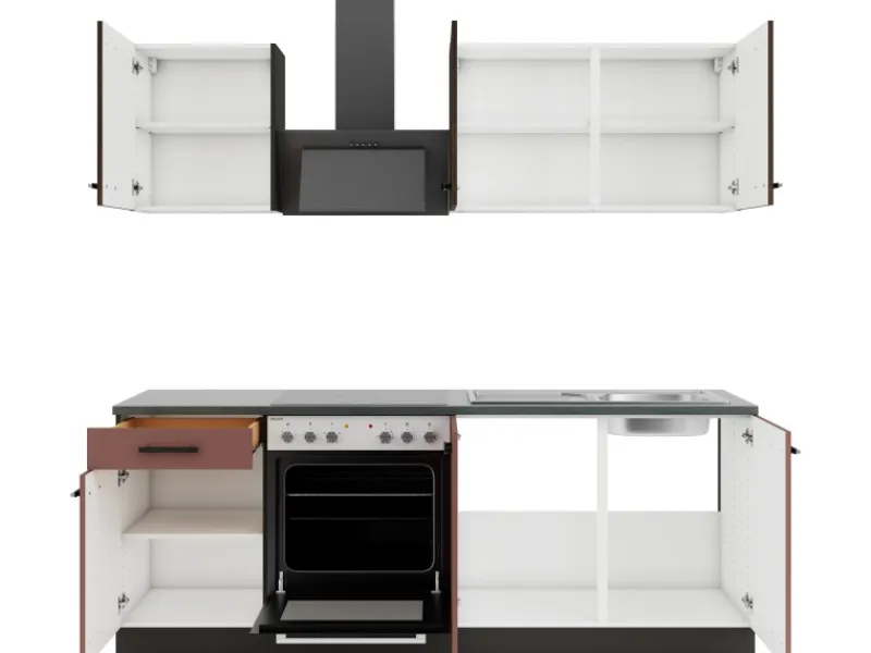 Optifit Winkelküchen<Rimini409/Nizza407 Küchenzeile 210 cm Rilllendekor Nussbaum / Rostrot