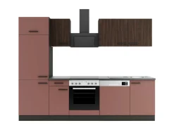 Outlet Optifit Rimini409/Nizza407 Küchenzeile 270 cm Rilllendekor Nussbaum / Rostrot