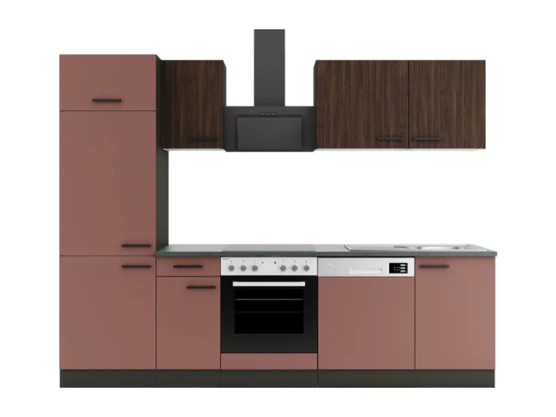 Outlet Optifit Rimini409/Nizza407 Küchenzeile 270 cm Rilllendekor Nussbaum / Rostrot