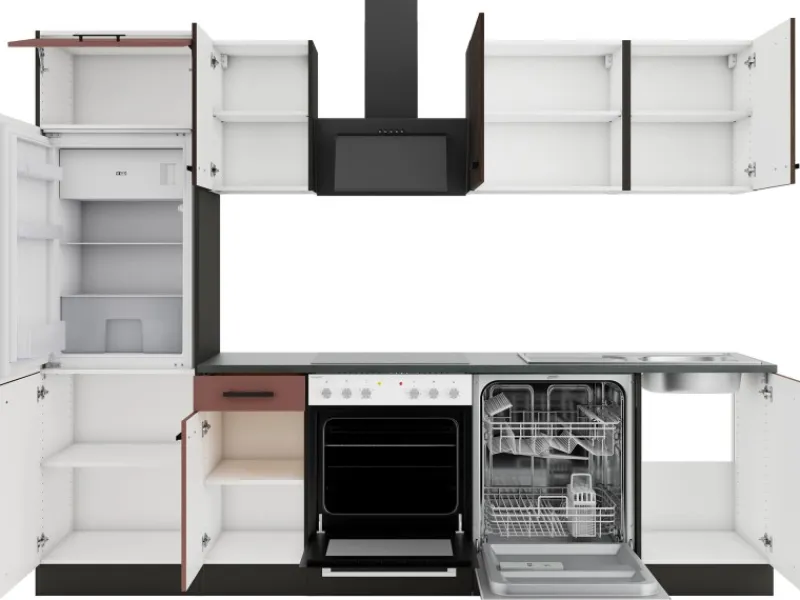 Outlet Optifit Rimini409/Nizza407 Küchenzeile 270 cm Rilllendekor Nussbaum / Rostrot