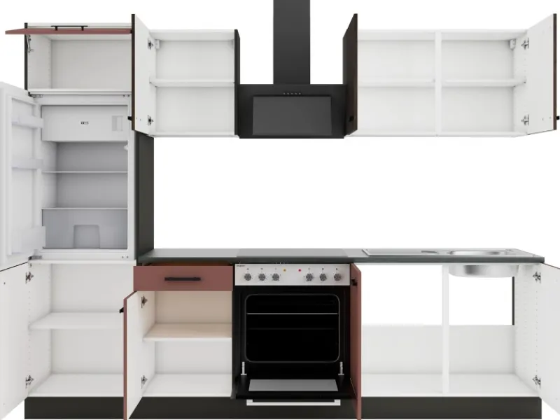 Optifit Kühlschränke|Winkelküchen<Rimini409/Nizza407 Küchenzeile 270 cm Rilllendekor Nussbaum / Rostrot