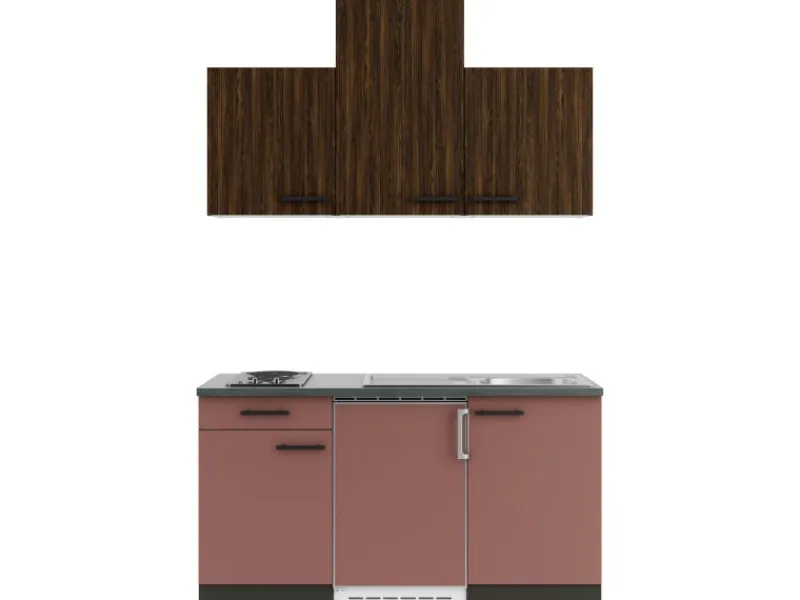 Optifit Miniküchen|Winkelküchen<Rimini409/Nizza407 Miniküche 150 cm Rilllendekor Nussbaum / Rostrot