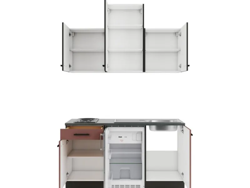 Optifit Miniküchen|Winkelküchen<Rimini409/Nizza407 Miniküche 150 cm Rilllendekor Nussbaum / Rostrot