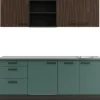Optifit Rimini409/Verona405 Küchenzeile 210 cm Rillendekor Nussbaum / Steingrün< Gefrierschränke|Kühlschränke