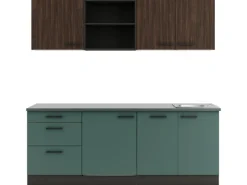Optifit Rimini409/Verona405 Küchenzeile 210 cm Rillendekor Nussbaum / Steingrün< Gefrierschränke|Kühlschränke