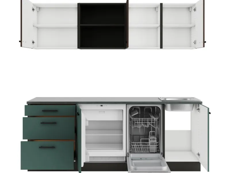 Optifit Rimini409/Verona405 Küchenzeile 210 cm Rillendekor Nussbaum / Steingrün< Gefrierschränke|Kühlschränke