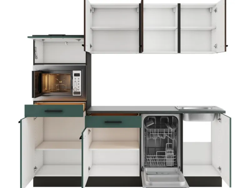 Discount Optifit Rimini409/Verona405 Küchenzeile 210 cm Rillendekor Nussbaum / Steingrün