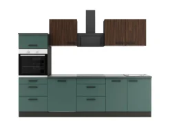 Optifit Rimini409/Verona405 Küchenzeile 270 cm Rillendekor Nussbaum / Steingrün< Kühlschränke|Winkelküchen