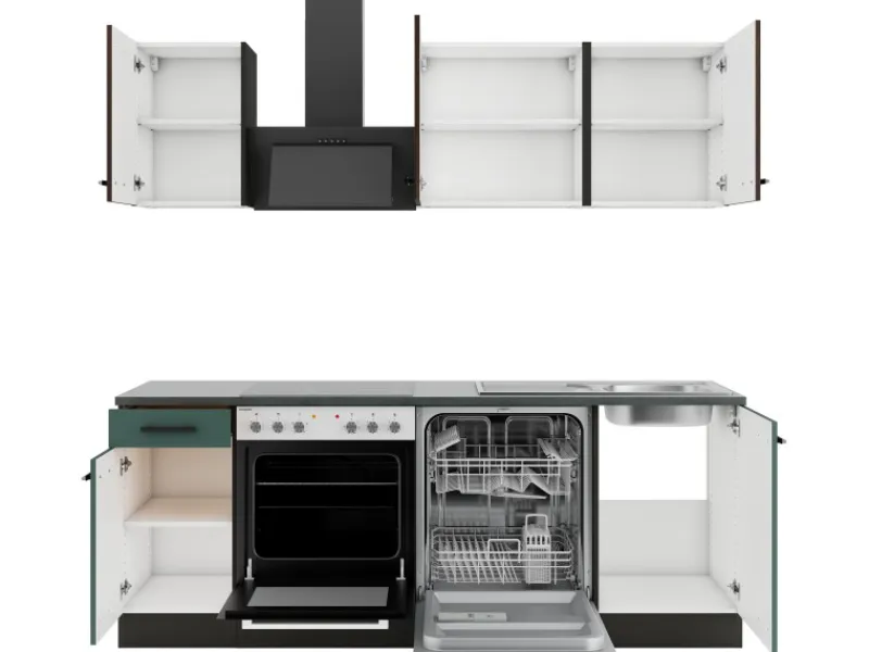 Optifit Rimini409/Verona405 Küchenzeile 210 cm Rillendekor Nussbaum / Steingrün< Winkelküchen