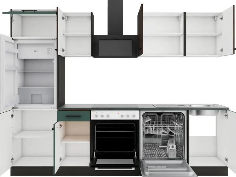 Optifit Rimini409/Verona405 Küchenzeile 270 cm Rillendekor Nussbaum / Steingrün< Winkelküchen