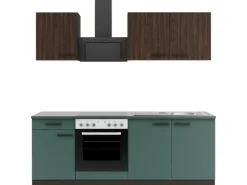 Outlet Optifit Rimini409/Verona405 Küchenzeile 210 cm Rillendekor Nussbaum / Steingrün