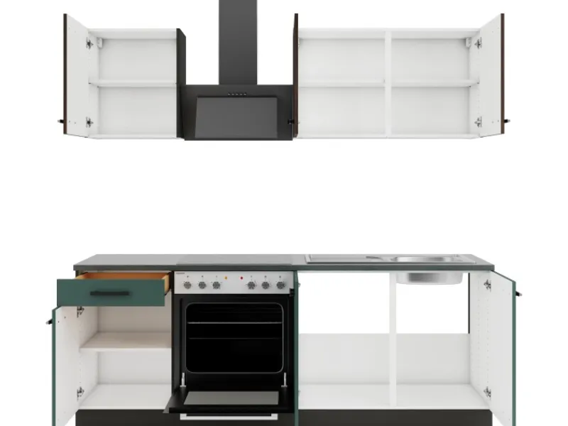 Outlet Optifit Rimini409/Verona405 Küchenzeile 210 cm Rillendekor Nussbaum / Steingrün