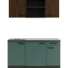 Optifit Miniküchen|Kühlschränke<Rimini409/Verona405 Miniküche 150 cm Rillendekor Nussbaum / Steingrün