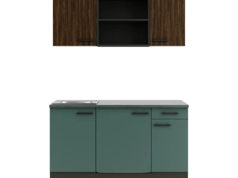 Optifit Miniküchen|Kühlschränke<Rimini409/Verona405 Miniküche 150 cm Rillendekor Nussbaum / Steingrün