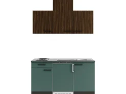 Optifit Miniküchen|Kühlschränke<Rimini409/Verona405 Miniküche 150 cm Rillendekor Nussbaum / Steingrün
