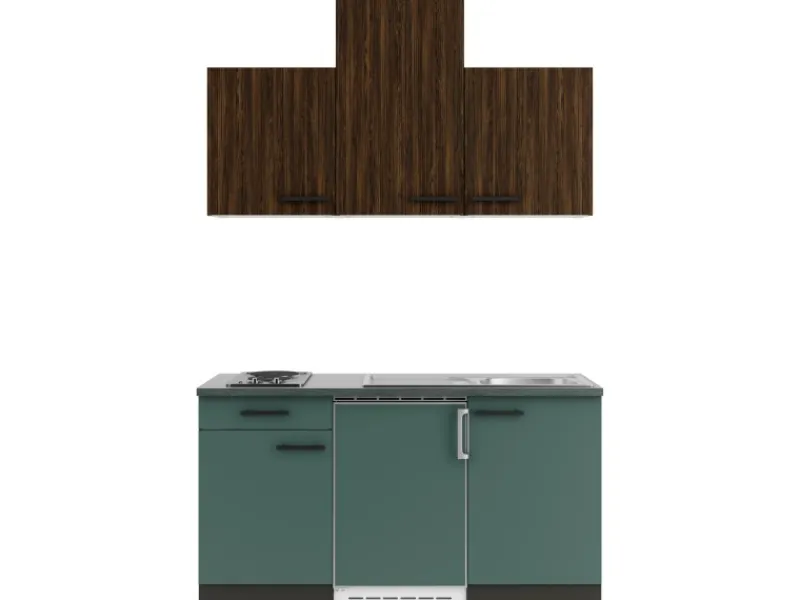 Optifit Miniküchen|Kühlschränke<Rimini409/Verona405 Miniküche 150 cm Rillendekor Nussbaum / Steingrün