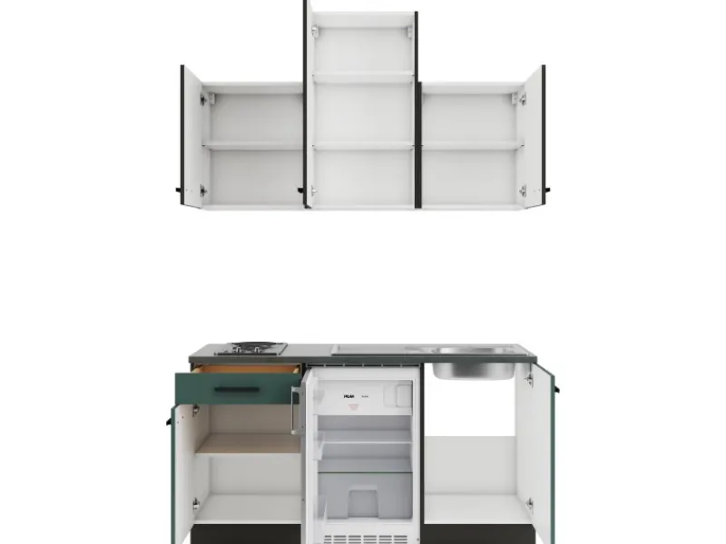 Optifit Miniküchen|Kühlschränke<Rimini409/Verona405 Miniküche 150 cm Rillendekor Nussbaum / Steingrün