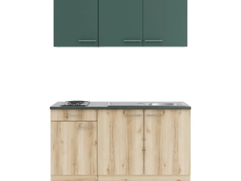 Optifit Miniküchen|Kochfelder<Savona405/Livorno290 Miniküche 150 cm Steingrün / Wildeiche Nachbildung
