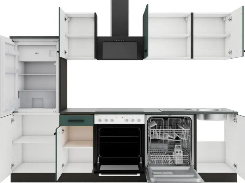 Optifit Verona405 Küchenzeile 270 cm Steingrün< Herde|Kühlschränke
