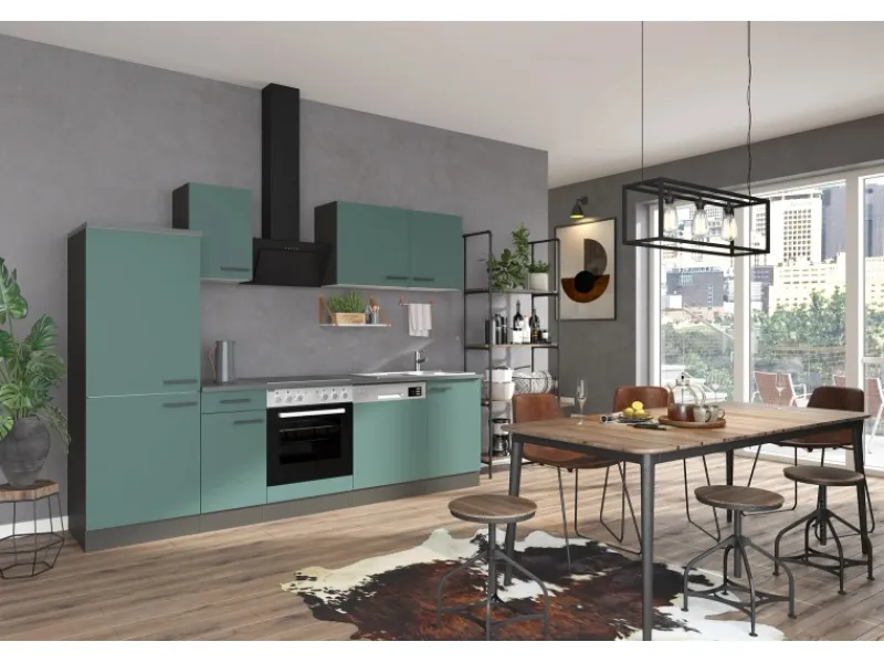 Optifit Verona405 Küchenzeile 270 cm Steingrün< Herde|Kühlschränke