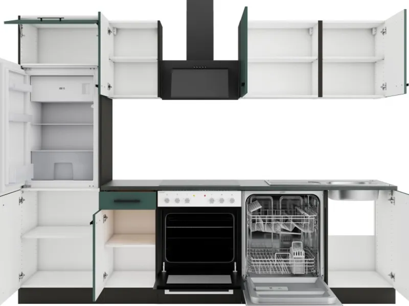 Optifit Verona405 Küchenzeile 270 cm Steingrün< Herde|Kühlschränke