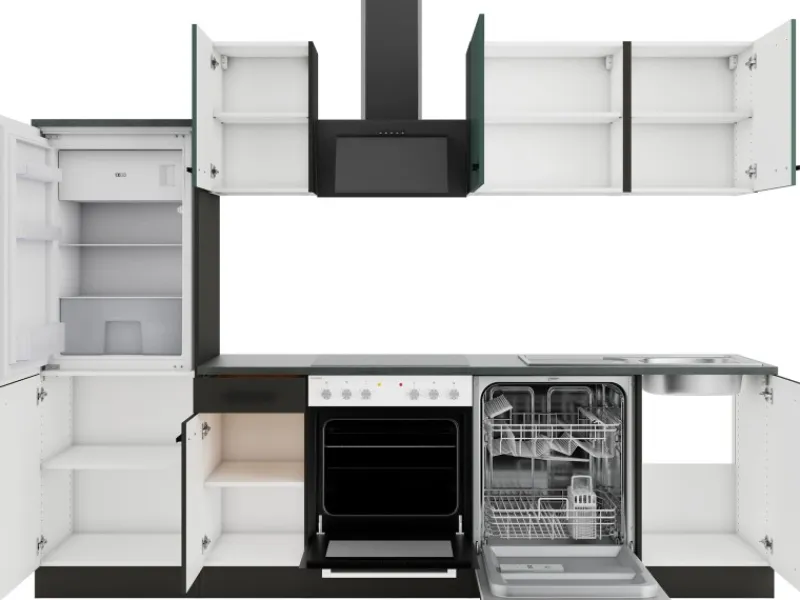 Optifit Verona405/Madrid420 Küchenzeile 270 cm Steingrün / Anthrazit< Kühlschränke|Winkelküchen