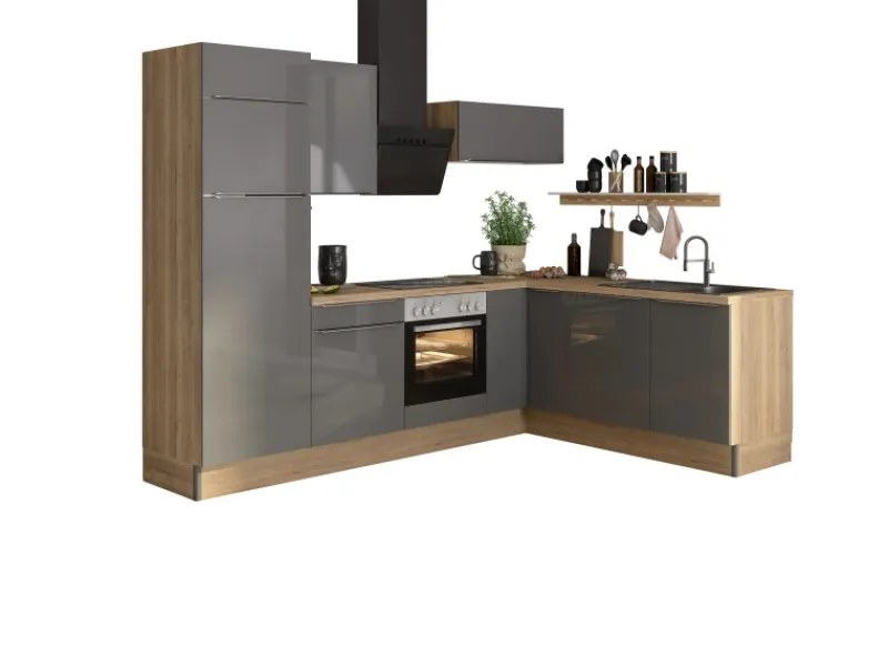 Clearance Optifit Winkelküche Optikoncept Linus ohne E-Geräte 270 cm Anthrazit-Wildeiche