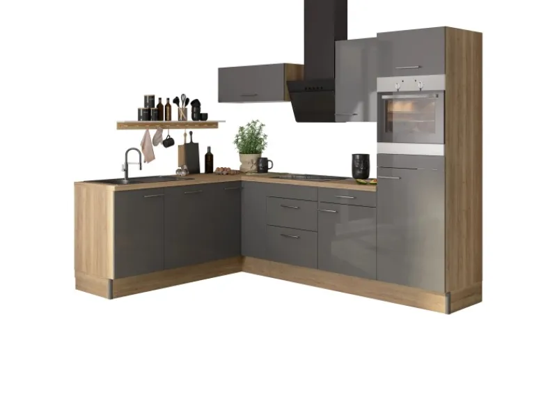 Optifit Winkelküchen|Besteckkästen<Winkelküche Optikoncept Jonte ohne E-Geräte 270 cm Anthrazit-Wildeiche