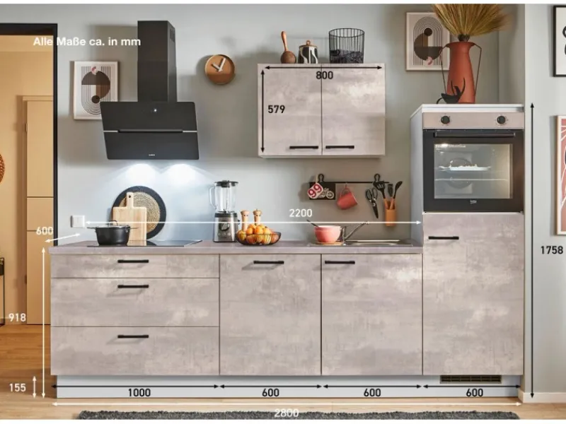 Online Pino Küchenzeile 280 cm Beton Perlgrau Anschlag rechts 1 Geräteschrank