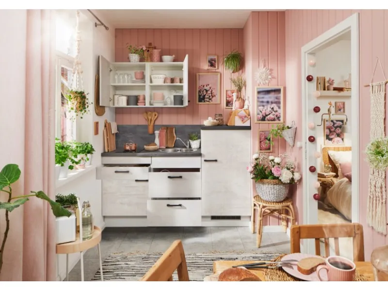 Hot Pino Küchenzeile 180 cm Beton Weißgrau Anschlag rechts 1 Geräteschrank