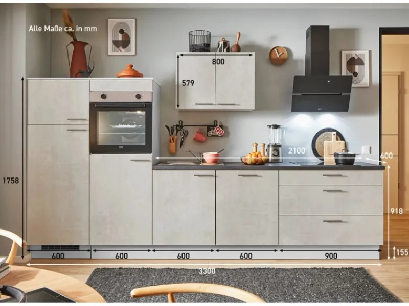 Clearance Pino Küchenzeile 330 cm Beton Weißgrau Anschlag links 2 Geräteschränke