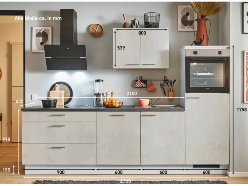 Pino Küchenzeile 270 cm Beton Weißgrau Anschlag rechts 1 Geräteschrank< Kochfelder