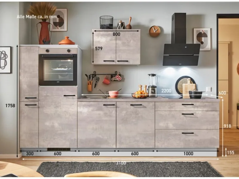Pino Kochfelder|Kühlschränke<Küchenzeile 310 cm Beton Perlgrau Anschlag links 1 Geräte-. 1 Seitenschrank