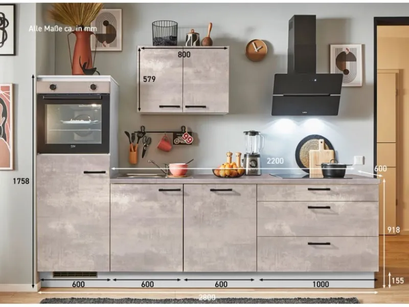 Hot Pino Küchenzeile 280 cm Beton Perlgrau Anschlag links 1 Geräteschrank